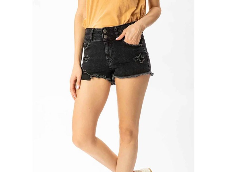 Nature Jeans Distressed Double Button Denim Shorts for Women in Black
