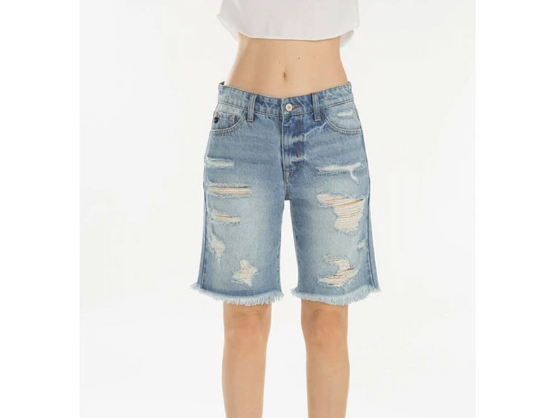 KanCan Jeans Hi-Rise Boyfriend Destructed Bermuda Shorts for Women in Light Wash
