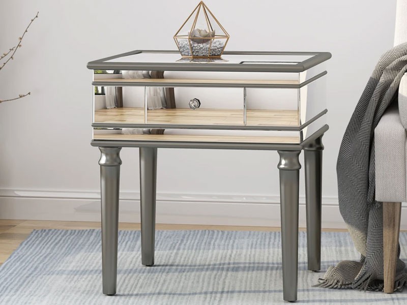 Joyce Modern Mirrored Accent Table with Drawer Tempered Glass