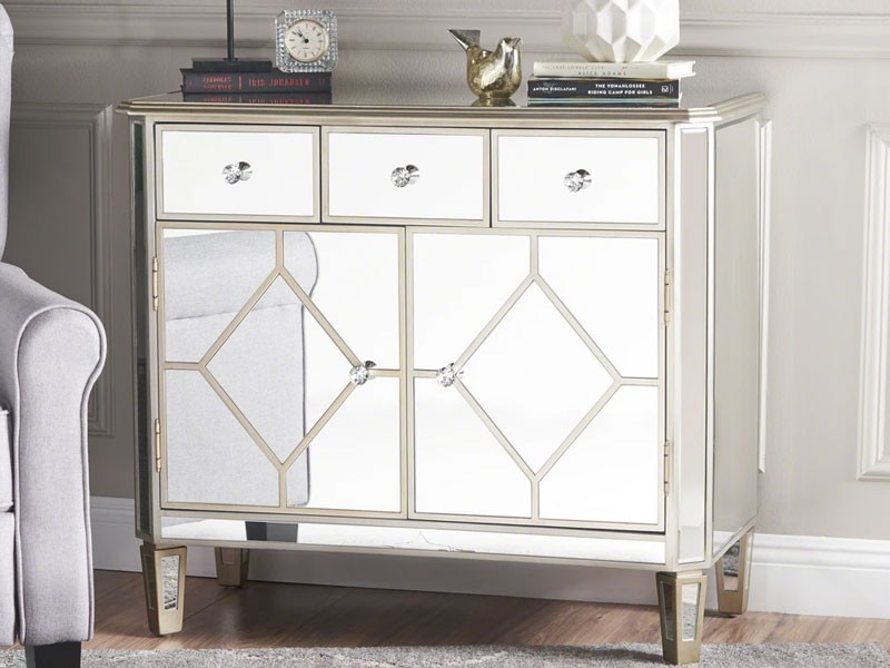 Tobin Silver Finished Mirrored 3 Drawer Cabinet with Faux Wood Frame