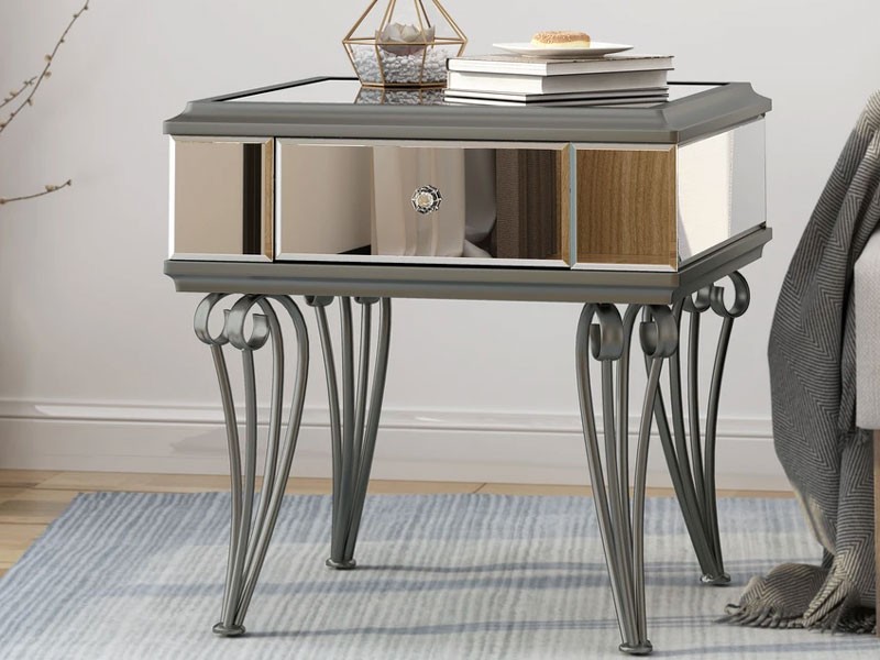 Mamie Modern Mirrored Accent Table with Drawer Tempered Glass