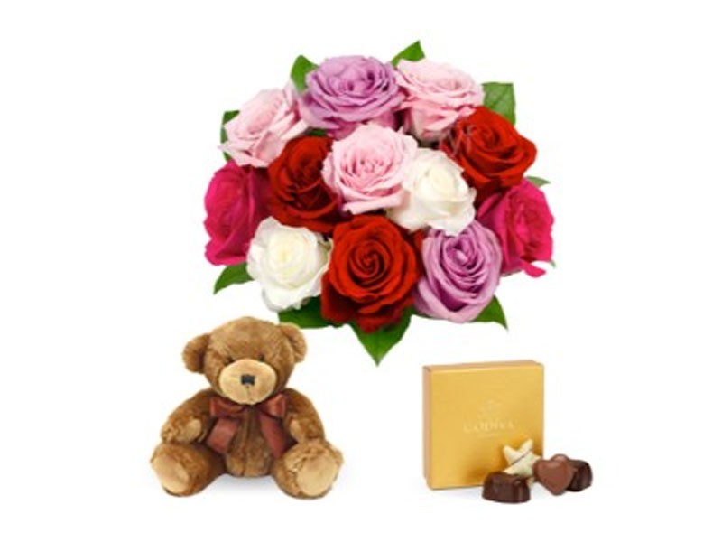 Dozen Assorted Heart Roses With Godiva-And-Bear