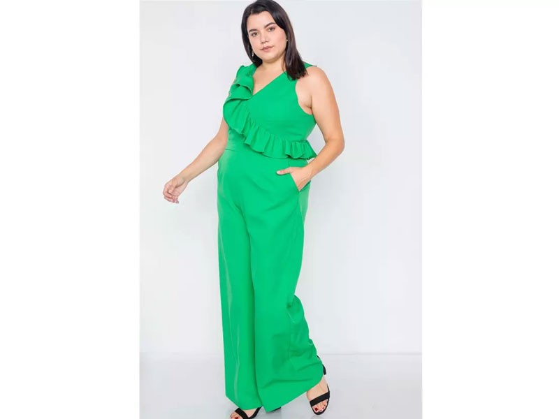 Plus Size Green Flounce Surplus V-neck Wide Leg Jumpsuit For Women