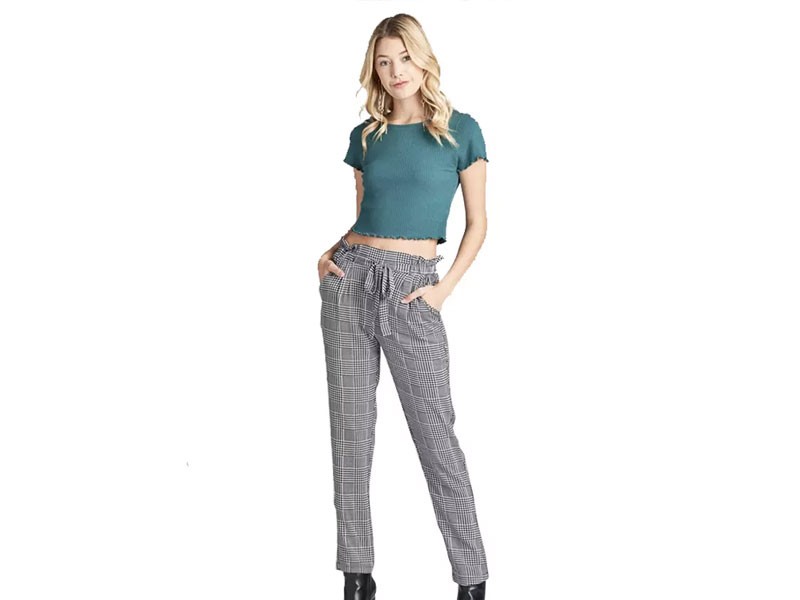 Plus Size Self Ribbon Detail Long Leg Checked Print Woven Pants For Women