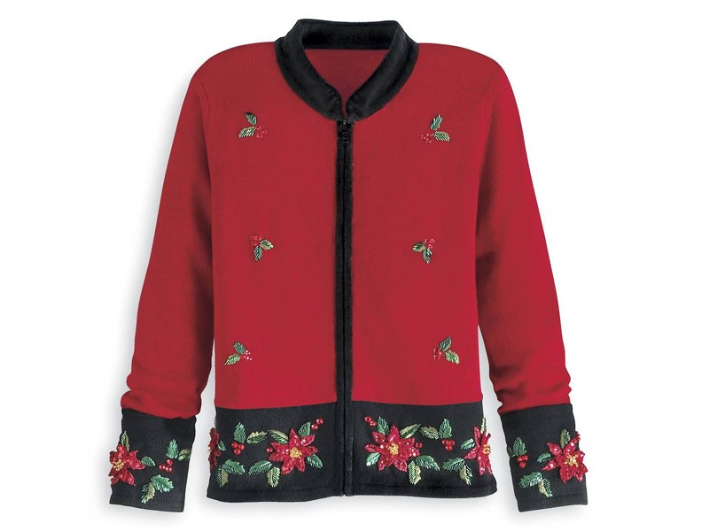 Poinsettia-Border Cardigan For Women