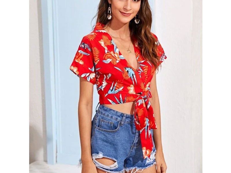 Tie Front Tropical Print Crop Top For Women