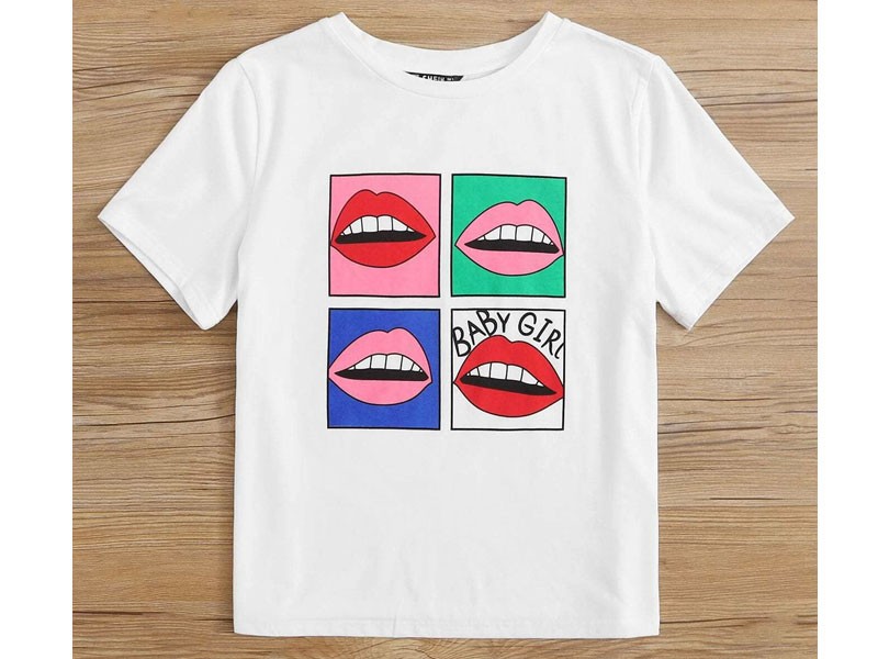 Shein Letter & Lip Print Tee For Women