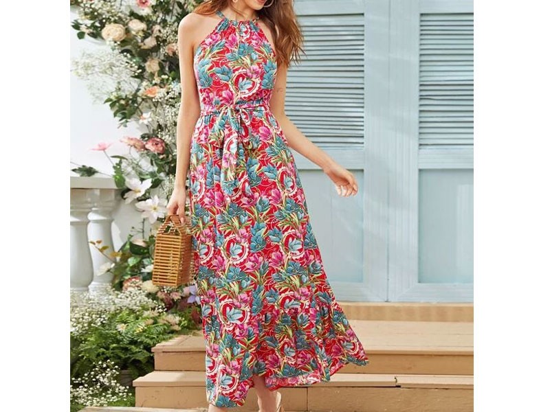 Shein Floral Print Belted Maxi Cami Dress For Women