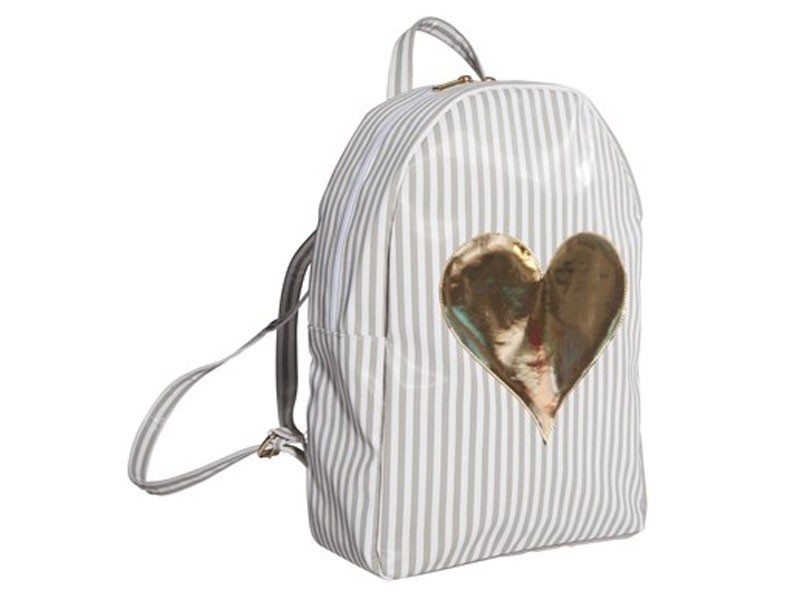 Wide Gray Stripes Leila Backpack with Shiny Gold Heart