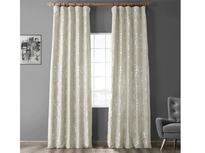 Gwendolyn Grey & Gold Designer Flocked Curtain