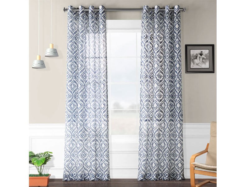 Plaza Blue Grommet Printed Faux Linen Sheer Curtain