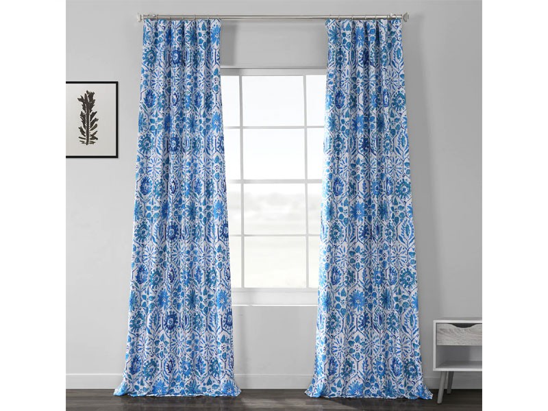 Rio Blue Printed Linen Textured Blackout Curtain
