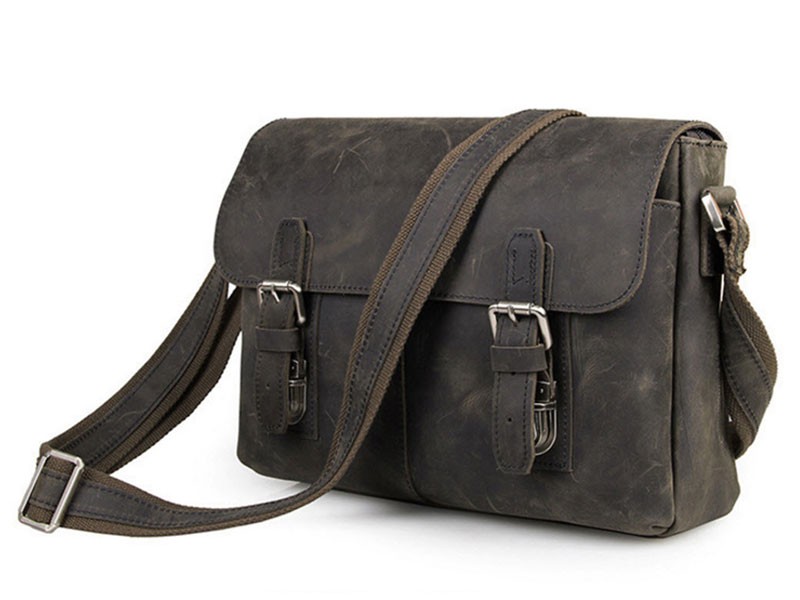 Aukland 2 Men's Full Grain Distressed Leather Messenger Bag Grey Brown