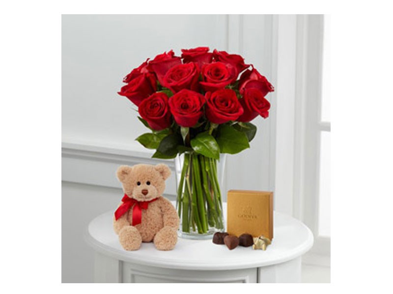 1Dozen Long-Stem Red Roses With Bear