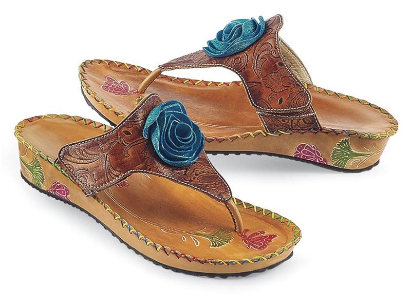 Handpainted Tooled-Leather Sandals For Women