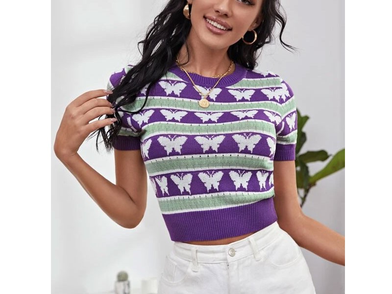 Butterfly And Striped Crop Knit Top For Women
