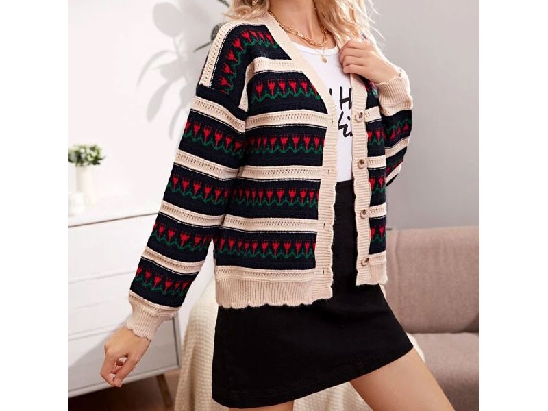 Button Front Striped & Graphic Cardigan For Women
