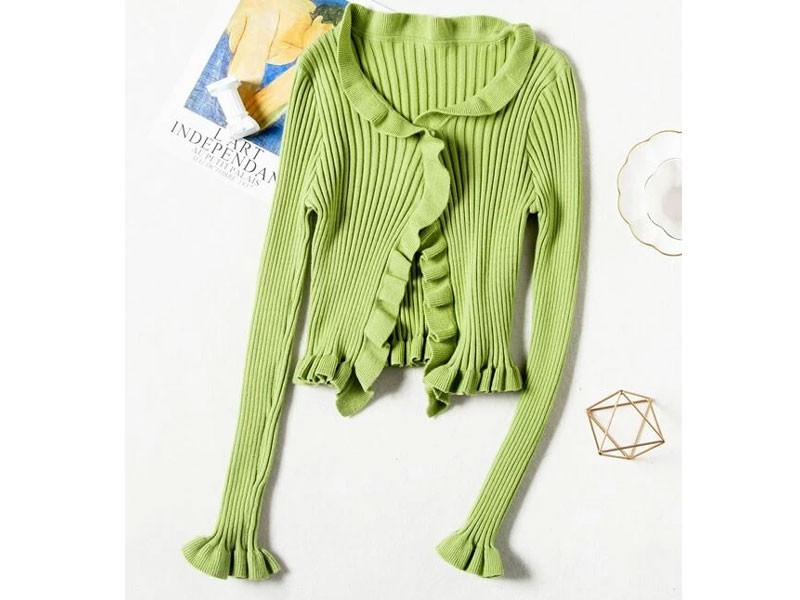 Solid Lettuce Trim Knit Cardigan For Women