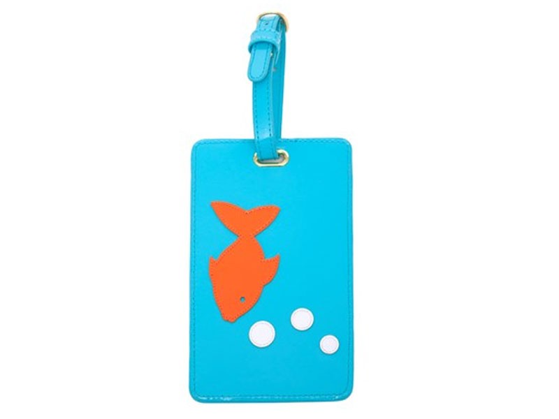 Turquoise Luggage Tag with Orange Gold Fish with Bubbles