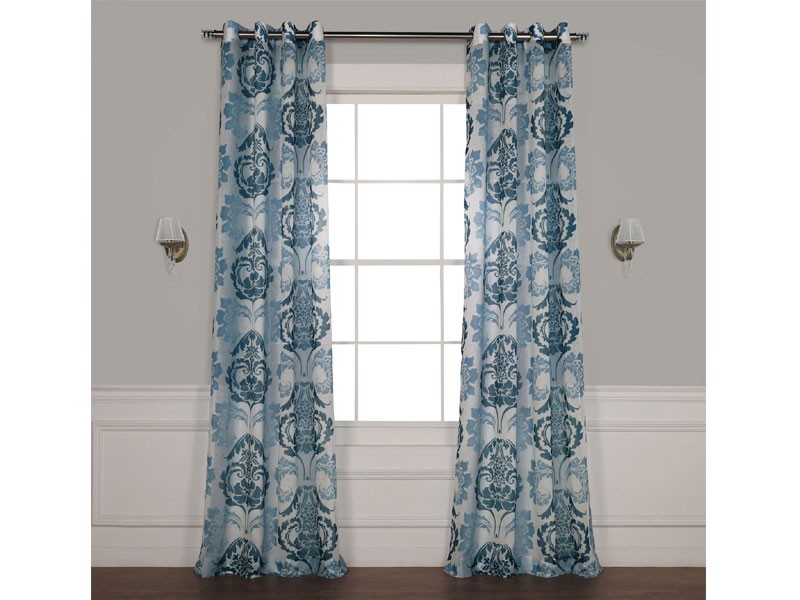 Damascus Teal Grommet Faux Linen Printed Sheer Curtain
