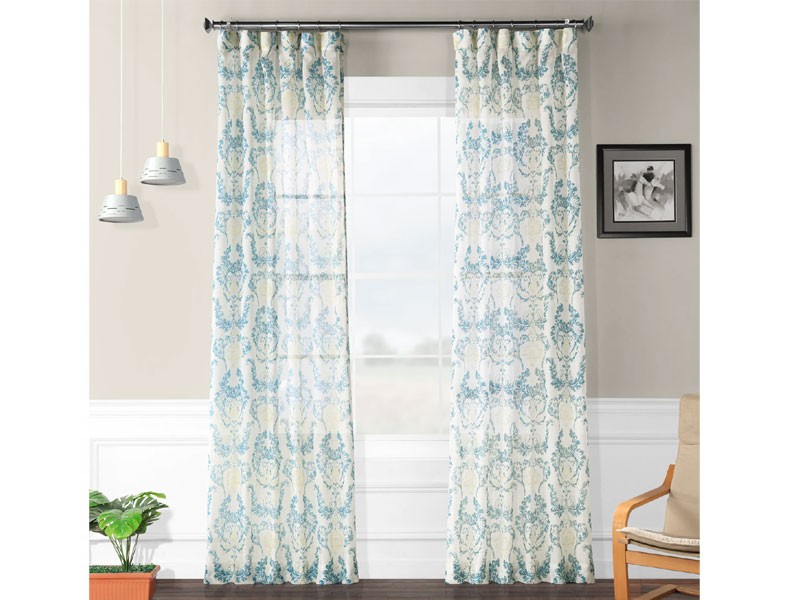 Terrace Teal Printed Faux Linen Sheer Curtain