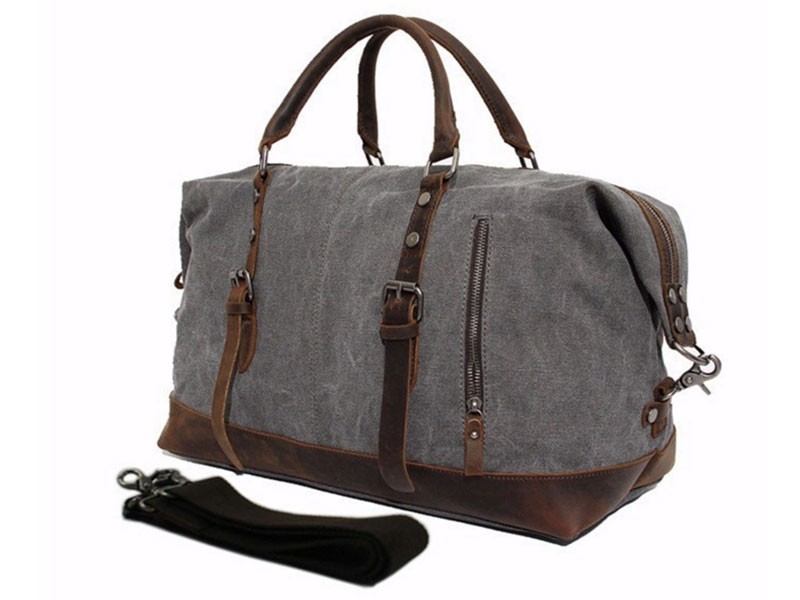 Cabo Retro Military Canvas Carryall Tote Bag with Leather Straps Grey