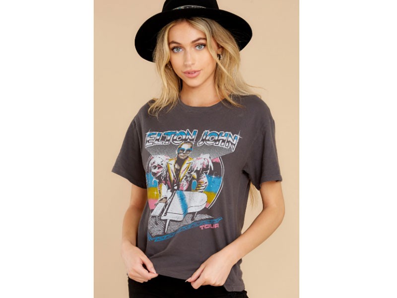 Elton John On Tour Washed Black Boyfriend Tee For Women