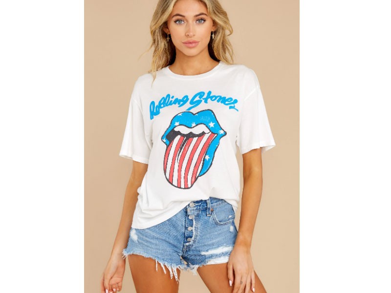 Rolling Stones Stars And Stripes Boyfriend White Tee For Women
