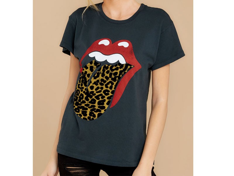 Rolling Stones Flocked Leopard Tongue Tour Dark Grey Tee For Women