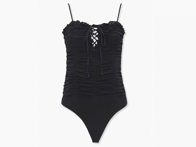 Ruched Mesh Lace-Up Bodysuit For Women