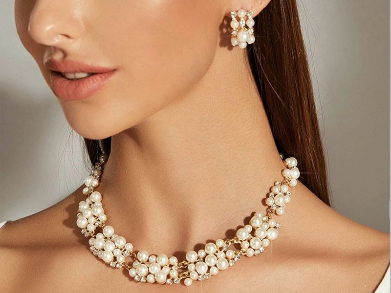 3pcs Faux Pearl & Rhinestone Decor Necklace & Earrings