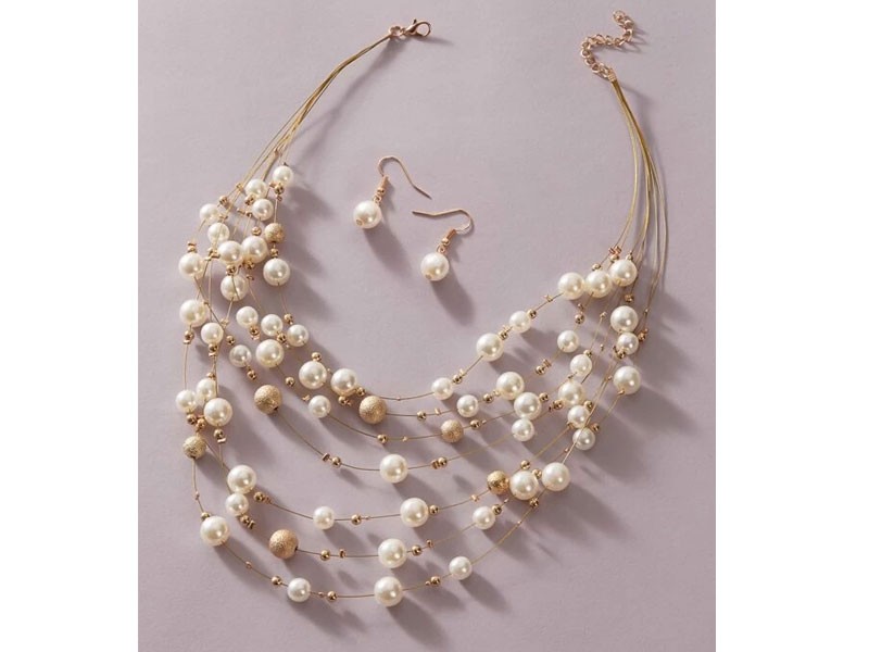 3pcs Faux Pearl Beaded Necklace & Earrings For Women