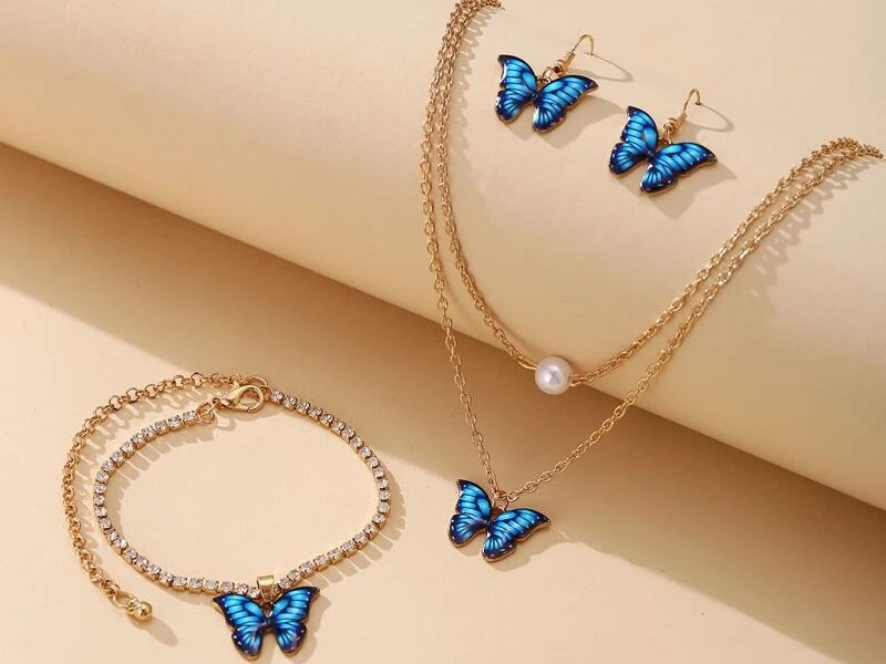 1pc Women's Butterfly Charm Necklace & 1pair Earrings & 1pc Anklet