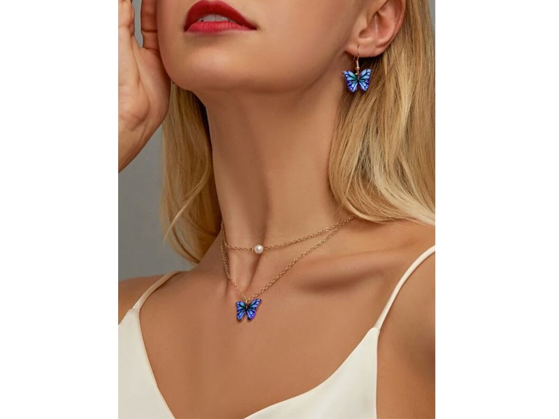 1pc Butterfly Decor Necklace & 1pair Drop Earrings For Women