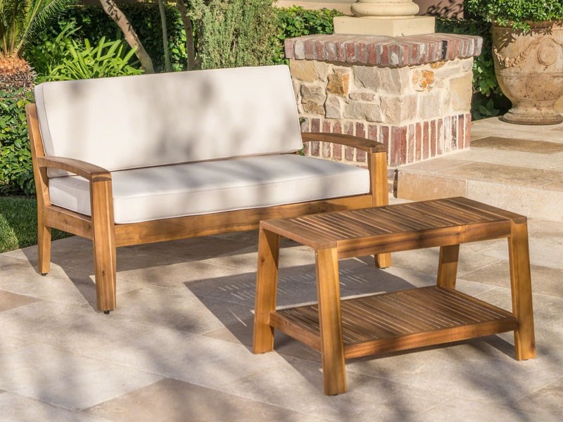 Christian Outdoor Acacia Wood Loveseat and Coffee Table Set with Cushions