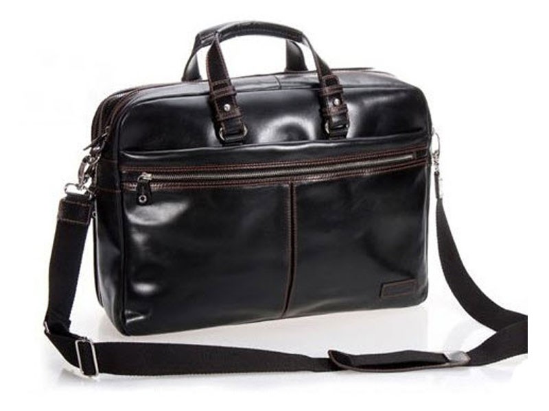 Ankara Men's Smooth Top Grain Leather Trendy Briefcase Glossy Black