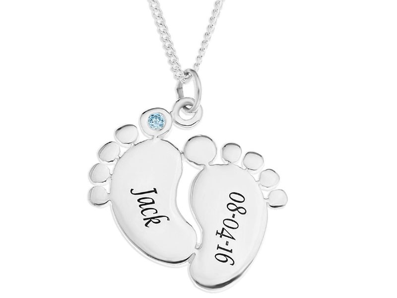 Personalized Sterling Baby Boy Name & Birthdate, Blue Crystal Pendant