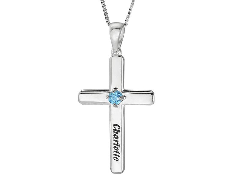 Personalized Sterling Name Cross with Crystal Birthstone Pendant