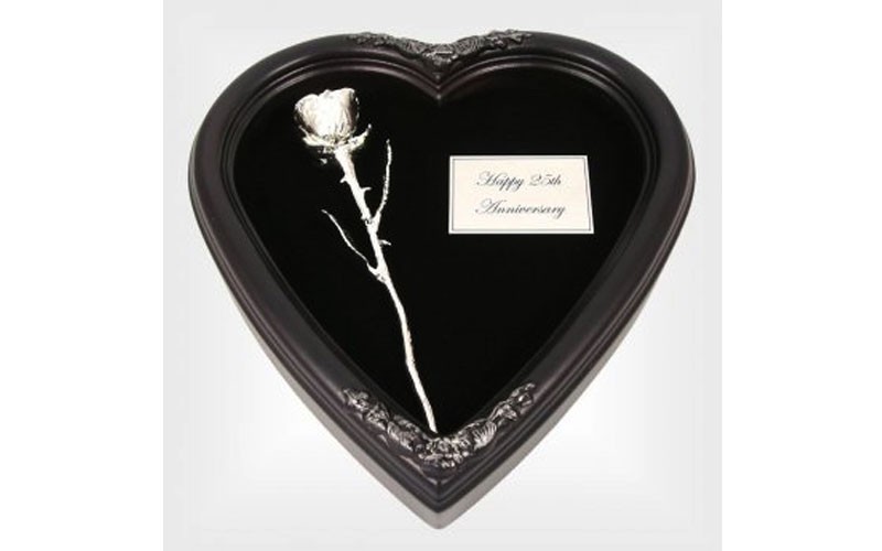 Silver Dipped Rose in 25th Anniversary Gift Heart Shadow Box
