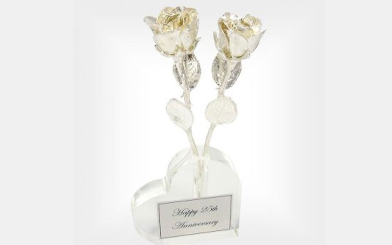 Two 8-Inch Silver Roses in Heart Vase 25th Anniversary Gift