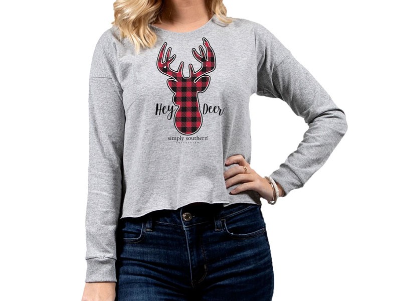 Simply Southern Hey Deer Cropped Long Sleeve T-Shirt For Women