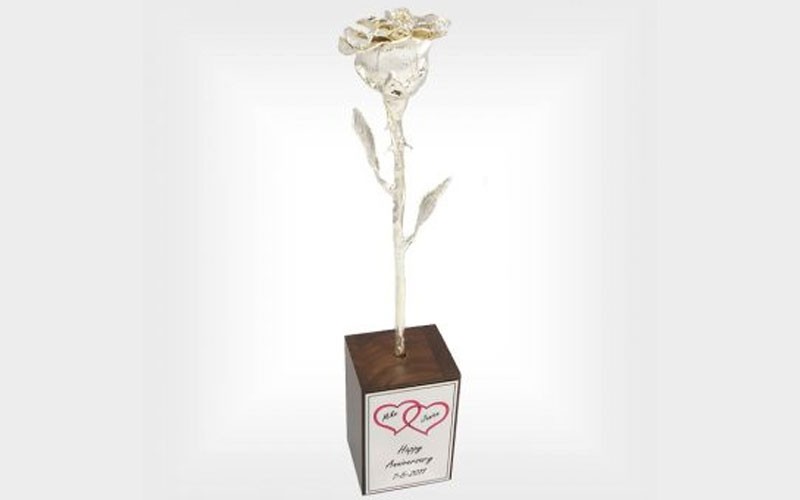 8-Inch Silver Dipped Rose in Personalized Stand