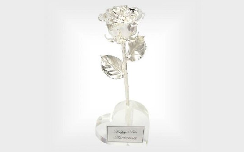 25th Anniversary Gift: 11-Inch All Silver Rose in Heart Vase