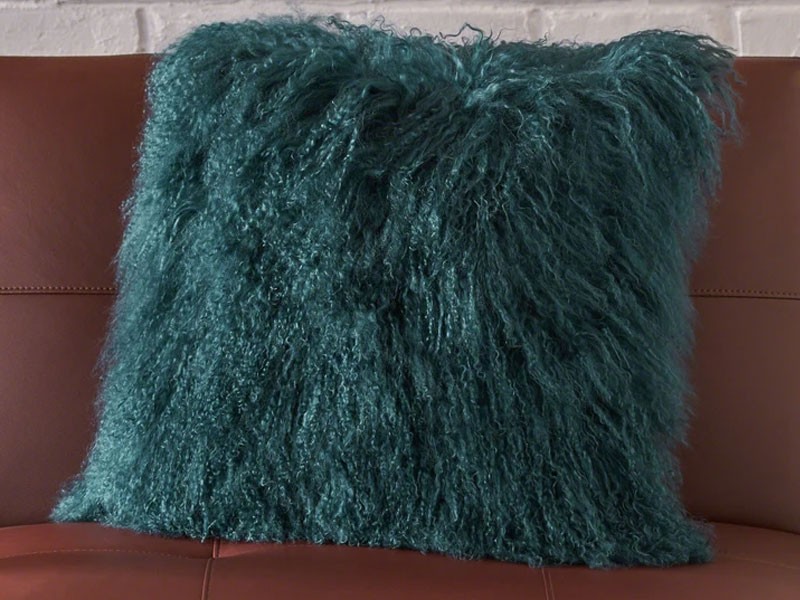 Marybelle Shaggy Dark Teal Lamb Fur Square Throw Pillow