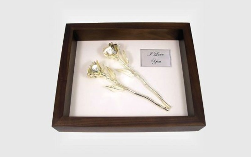 2 8-Inch Silver Roses in 25th Anniversary Gift Shadow Box