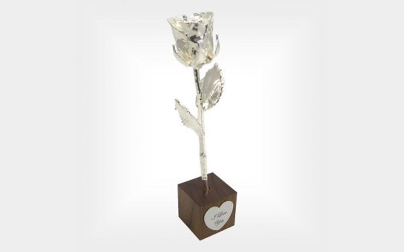 8-Inch Silver Rose in Stand with Engraved Heart