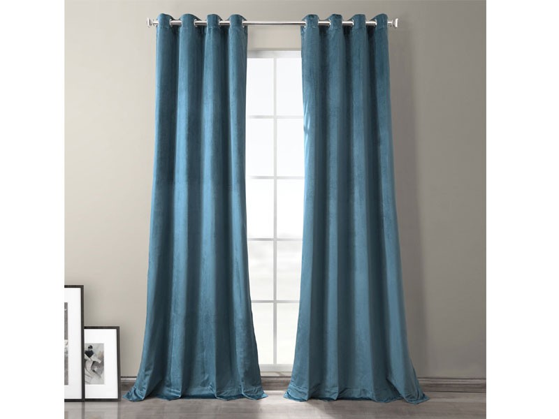 Caspian Blue Plush Velvet Hotel Blackout Grommet Curtain