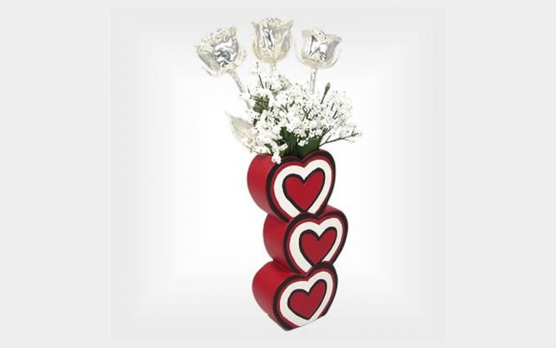 Past, Present & Future Silver Roses in 3 Heart Vase