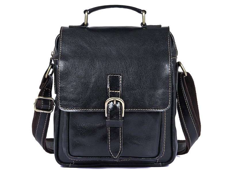 Astana Men's Vintage Leather Compact Messenger & Tablet Bag Black