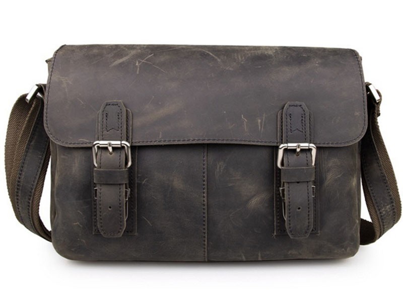 Aukland 2 Men's Full Grain Distressed Leather Messenger Bag Grey Brown